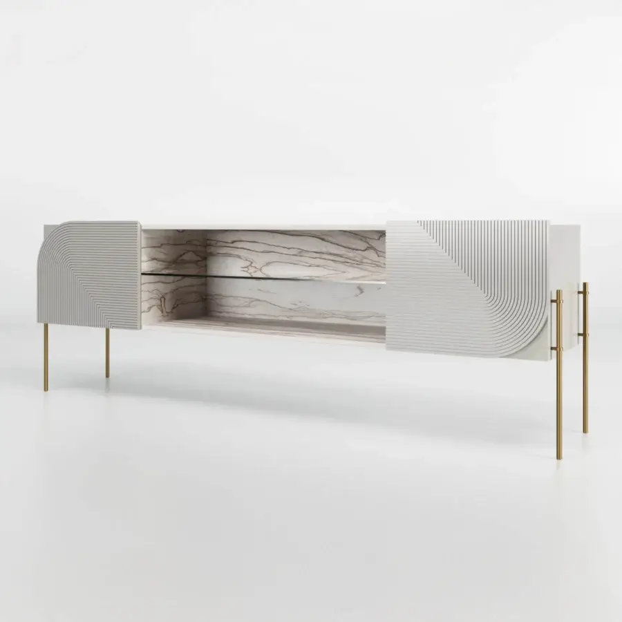 Superior Bizzotto Italia Drop sideboard with etched doors and exotic wood niche in matte light gray finish