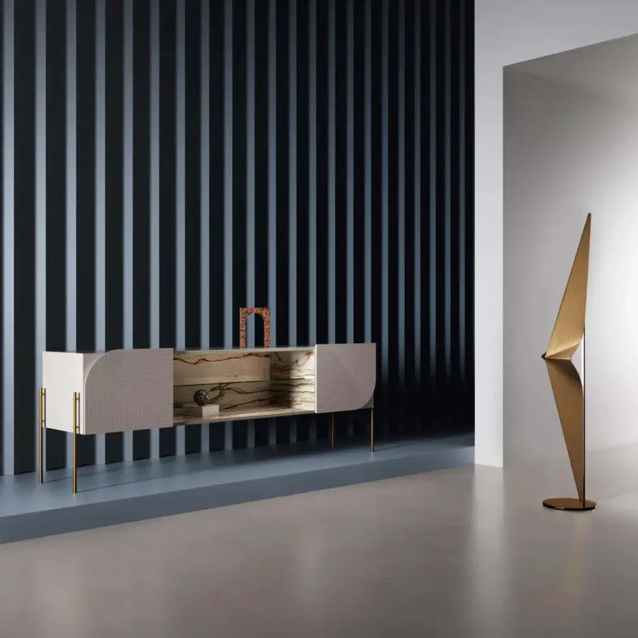 Elegant Bizzotto Italia Drop sideboard with light surfaces, exotic wood interior, and glossy gold metal legs
