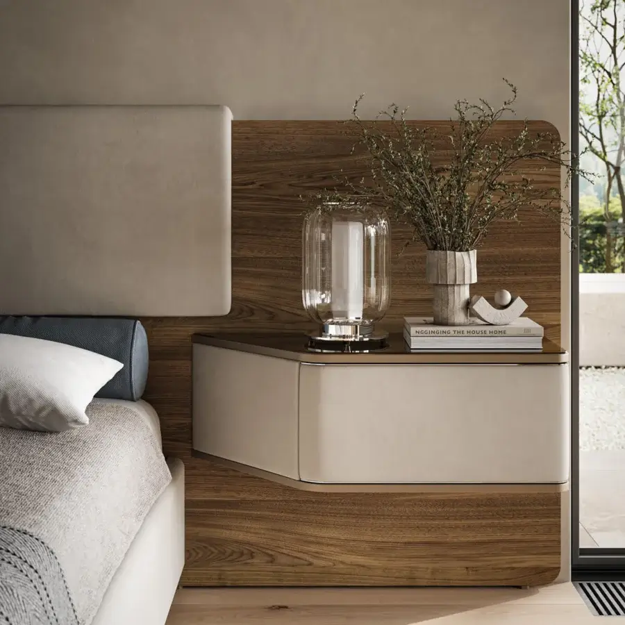 Sophisticated Reflex Wave XL bed with light beige upholstery, brown wood and polished steel accents built with a bronze glass nightstand