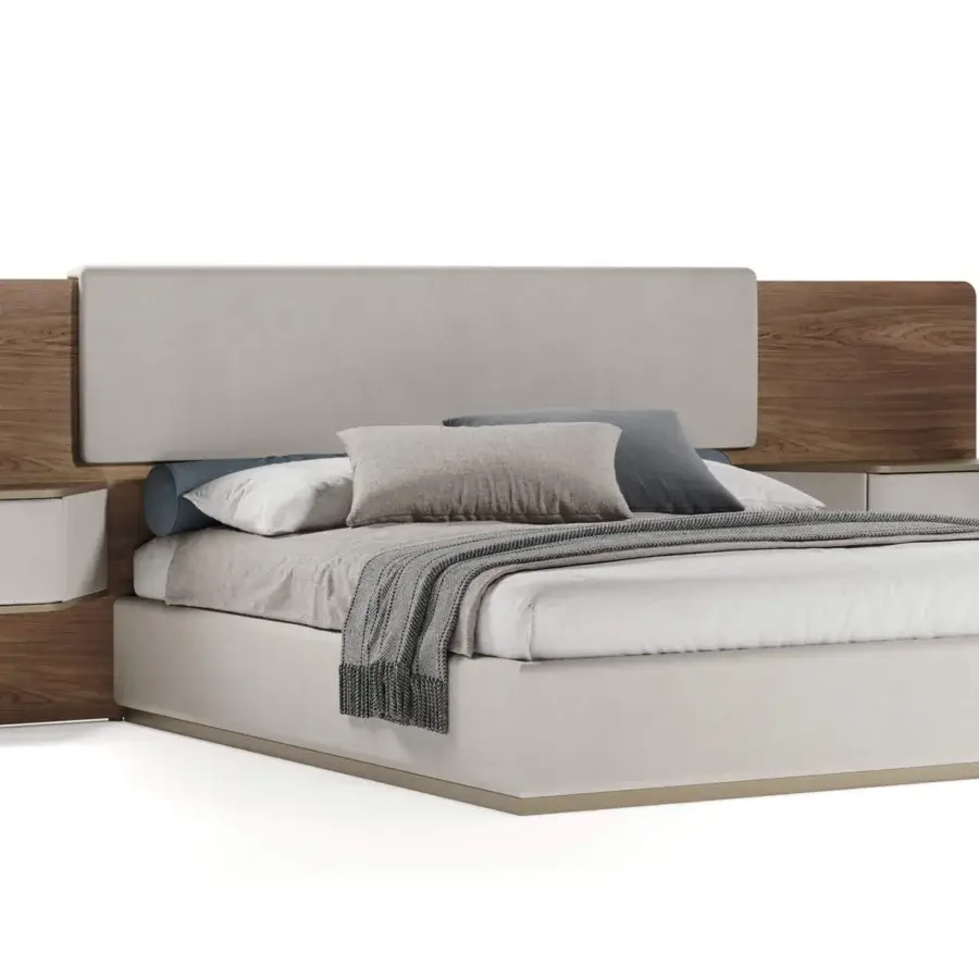 Exclusive Reflex Wave XL bed with light gray textile upholstery, polished steel details and integrated bedside tables crafted in bronze glass