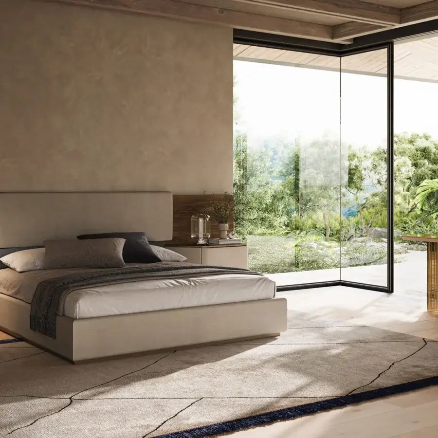 Distinguished Reflex Wave XL bed with wooden structure and light beige textile upholstery, smooth matte finish with polished steel details