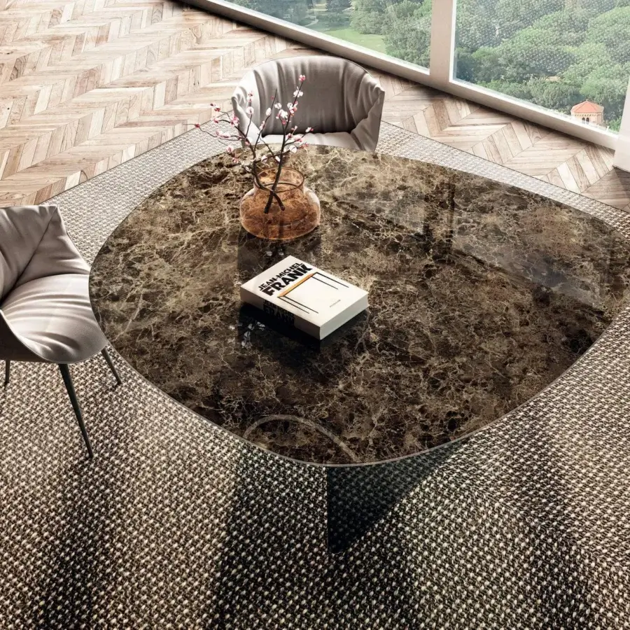 Exceptional Lago Air Organic table with glossy brown marble-style XGlass tabletop and slender tempered-glass legs crafted in Italy