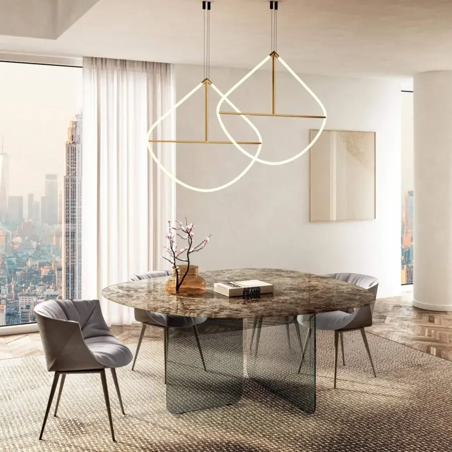 Superior Lago Air Organic table with swirling brown, beige, and gray XGlass tabletop and transparent tempered-glass legs with glossy finish