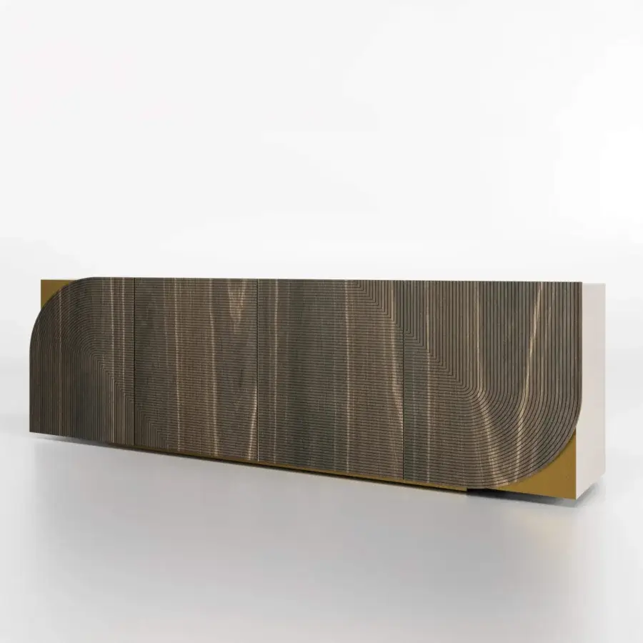 Distinguished Bizzotto Italia Drop sideboard crafted in Etna Oak with flamed grain and gold accents, showcasing etched lines across its form