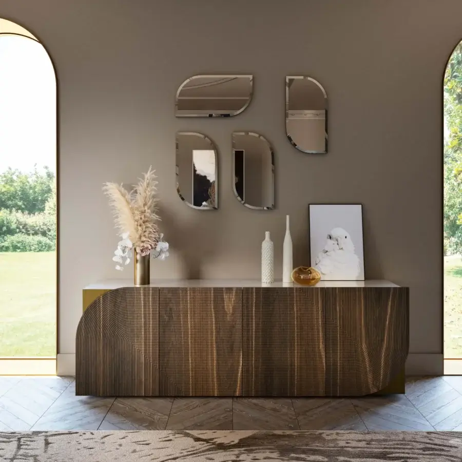 Exceptional Bizzotto Italia Drop sideboard built in Etna Oak with a lacquered structure and gold trim detailing