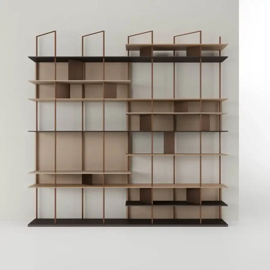 Elegant Bizzotto Italia Sudoku bookcase with lacquered wood and copper-colored tubular metal supports displaying alternating wood tones