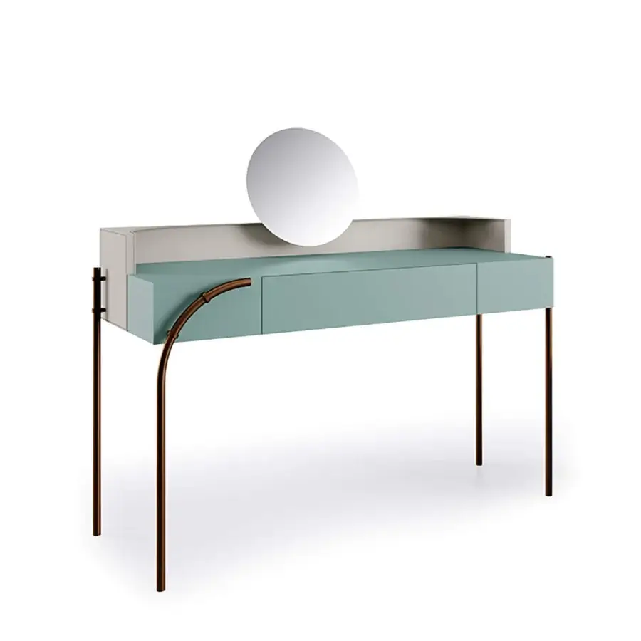 Distinguished Bizzotto Italia Scene vanity desk with light-blue lacquered structure and dark-brown metal legs crafted in premium leather and light-gray matte finish