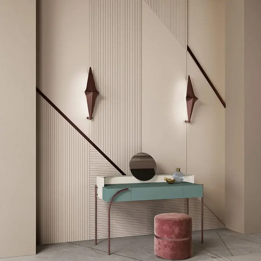 Elegant Bizzotto Italia Scene vanity desk with light green lacquered structure, white top and reddish-brown metal legs, crafted in premium leather