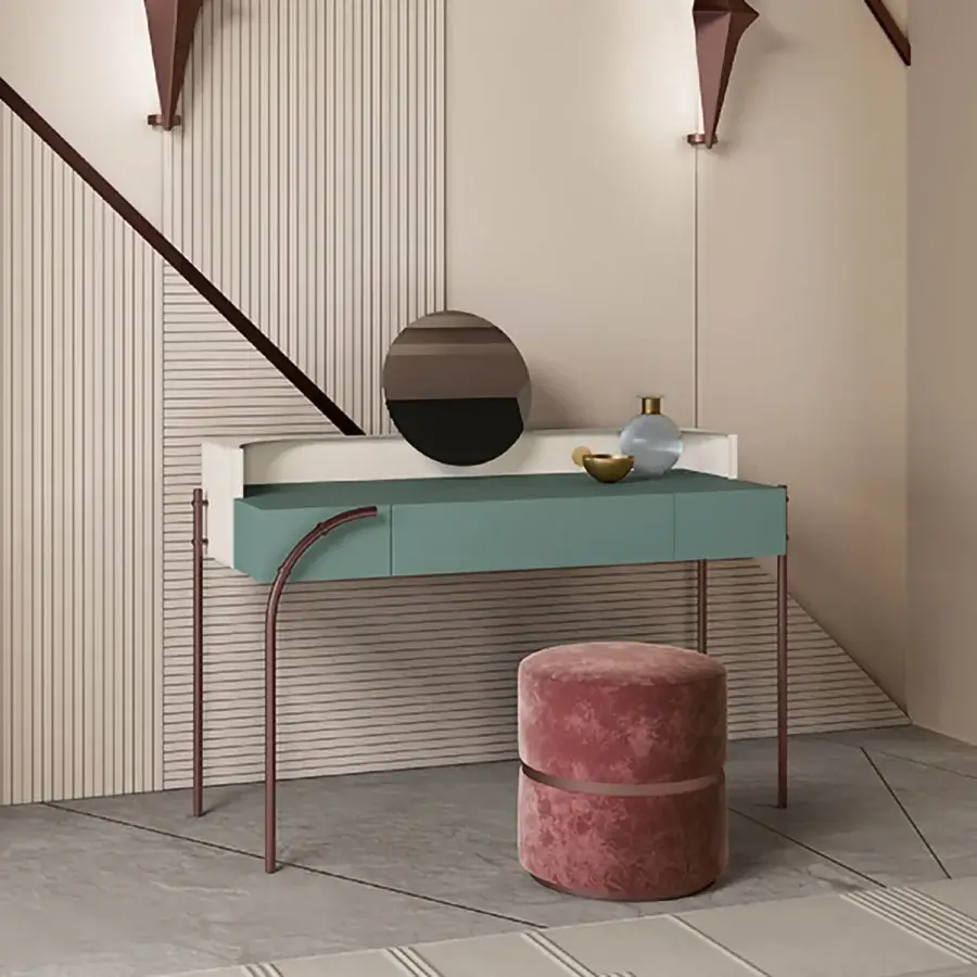 Superior Bizzotto Italia Scene vanity desk with white and green lacquered structure, copper-toned metal legs and premium leather detailing