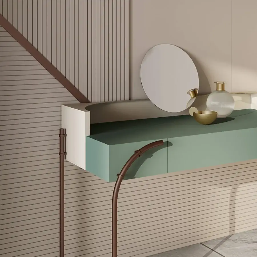 Exclusive Bizzotto Italia Scene vanity with mint green lacquered structure and brown metal legs crafted in a semicircular design