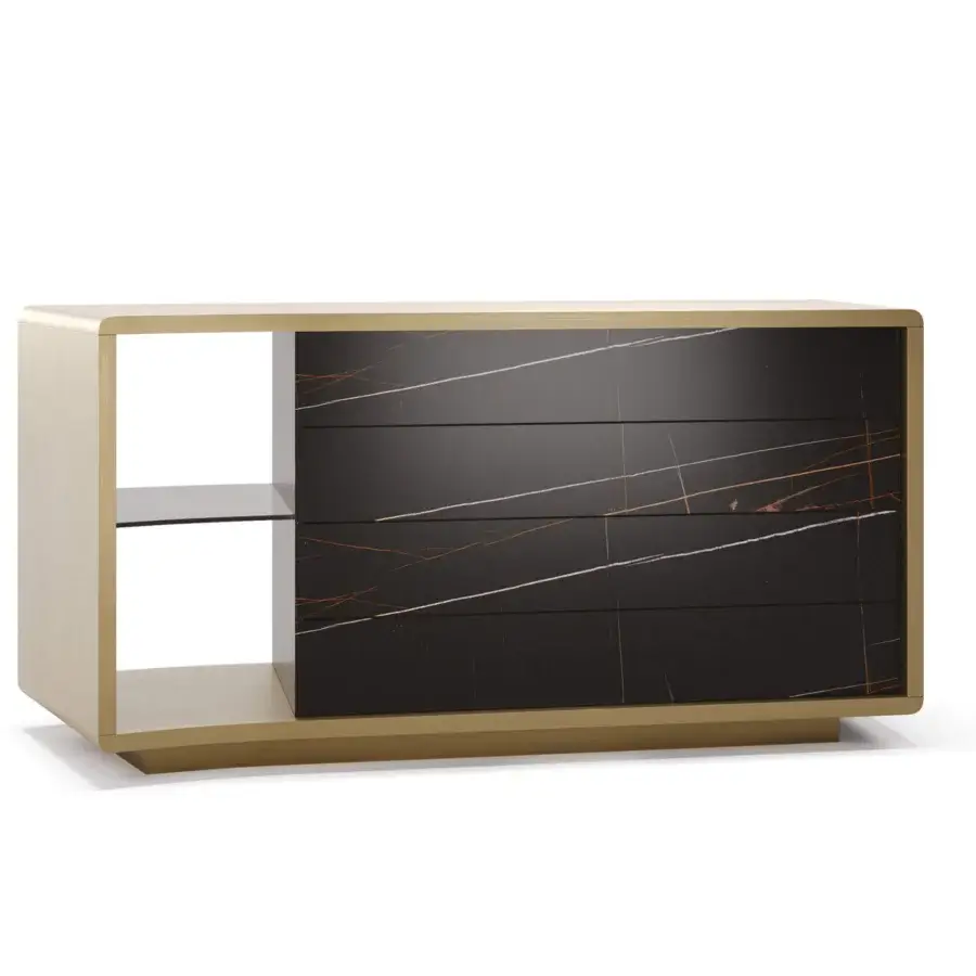 Distinguished Reflex Space dresser with shaped wooden structure and marble glass drawers, complemented by an open smoked glass shelf