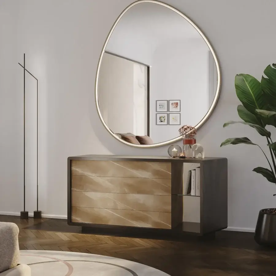 Exceptional Reflex Space dresser with shaped metallic grey-brown wood and wave-patterned wood glass drawers plus smoked glass shelf