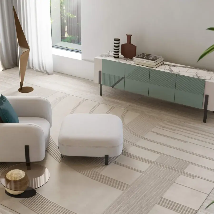 Exceptional Bizzotto Italia Drop rug with alternating wool and viscose creating geometric relief effects in light and dark beige tones