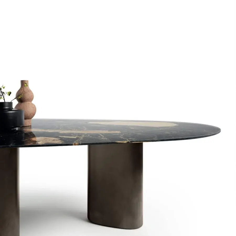 Exceptional Lago Hoa table with an oval marbled top and dark concrete-like legs crafted with glossy and matte finishes