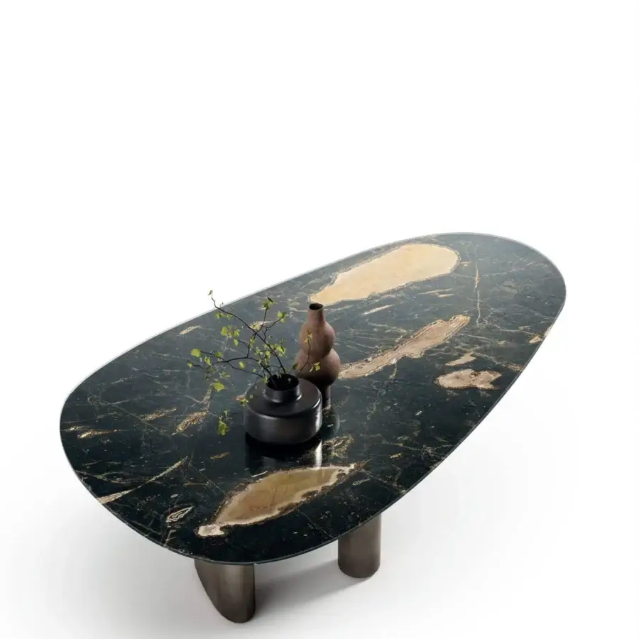 Superior Lago Hoa table with a glossy marbled top and matte dark gray cylindrical metal legs