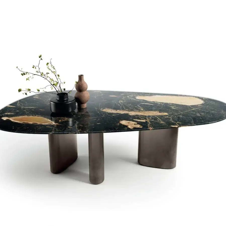 Elegant Lago Hoa table with a glossy marbled top and matte neutral elliptically molded legs
