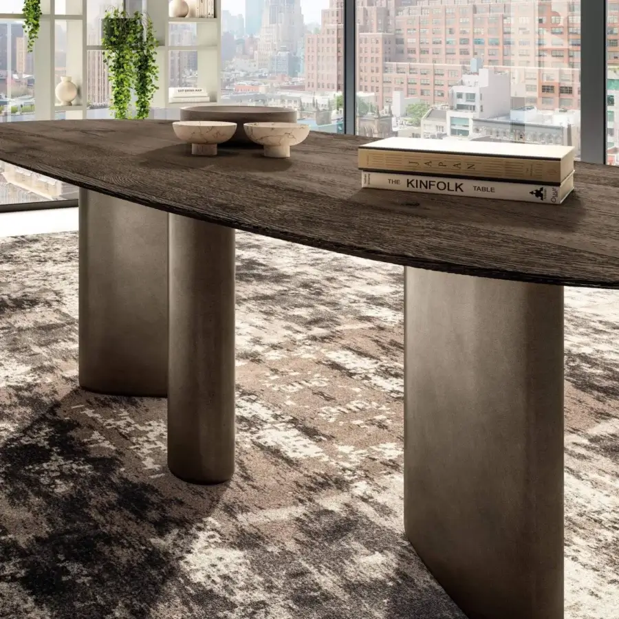 Superior Lago Hoa table with a dark wood tabletop and light brown cylindrical legs crafted in Italy