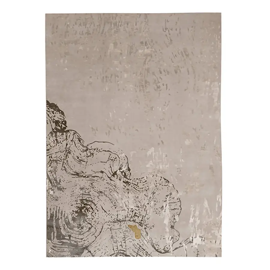 Superior Bizzotto Italia Lignum rug replicates burl wood with woven yarns in light beige and darker grey brown hues