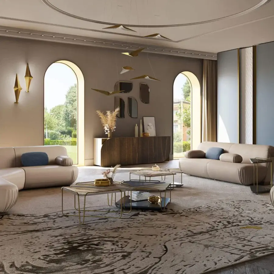 Exceptional Bizzotto Italia Lignum rug replicates burl wood with intricately woven yarns in gray and beige tones and soft matte finish