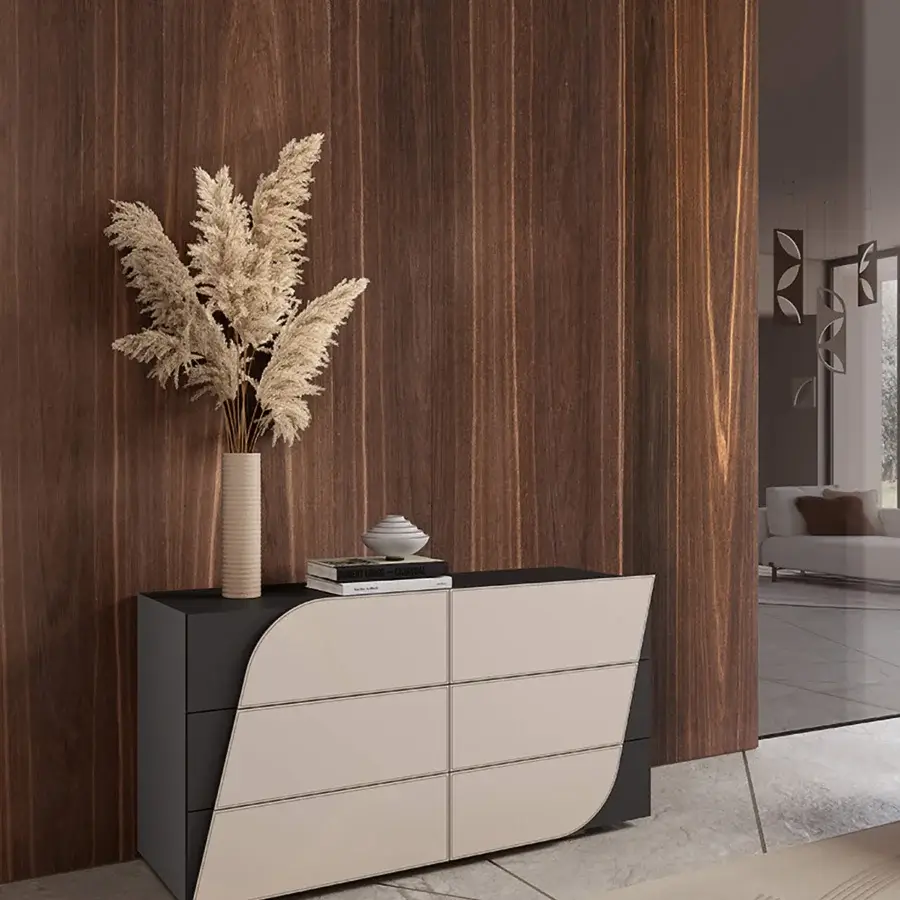 Distinguished Bizzotto Italia Jete chest of drawers built with light beige leather drawer fronts and dark gray lacquered structure