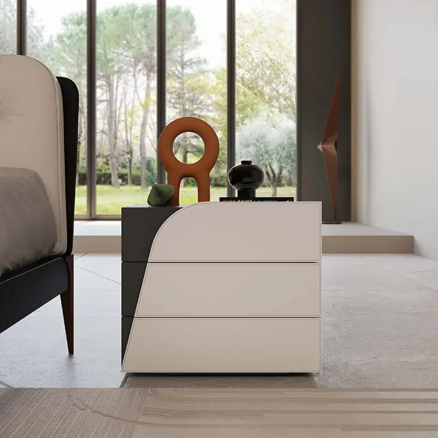 Distinguished Bizzotto Italia Jete nightstand with dark grey lacquer and light beige, top-stitched leather drawer fronts