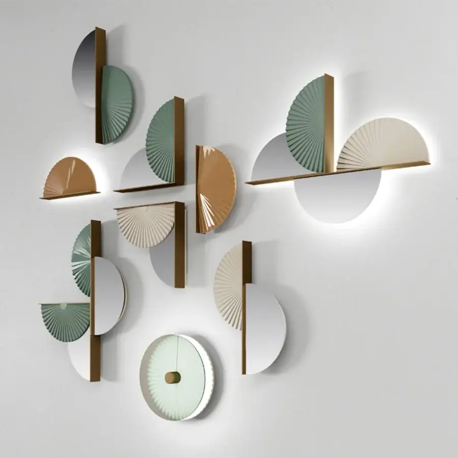 Distinguished Bizzotto Italia Sensu wall lamp with glossy gold metal, circular mirror and matte white, brown, green decorative element