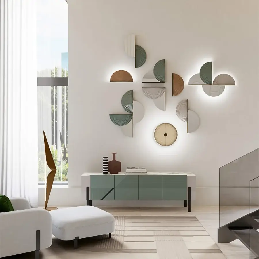 Elegant Bizzotto Italia Sensu wall lamp with white, light green and light brown semi-circular elements offering a decorative arrangement
