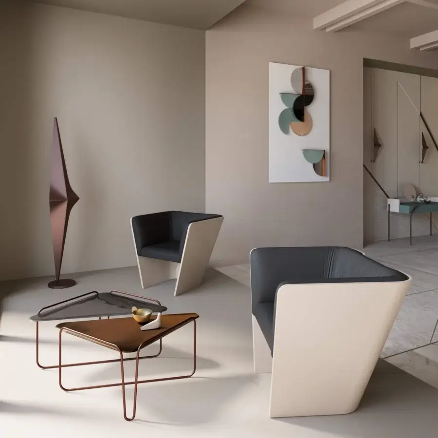 Elegant Bizzotto Italia Noshi floor lamp in aluminum with a copper-bronze finish and origami-inspired directional design