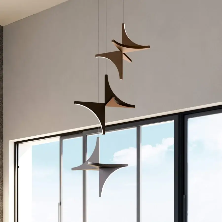Exceptional Bizzotto Italia Papillon suspension lamp in Ottone with dark gray and satin-finished planes casting warm light