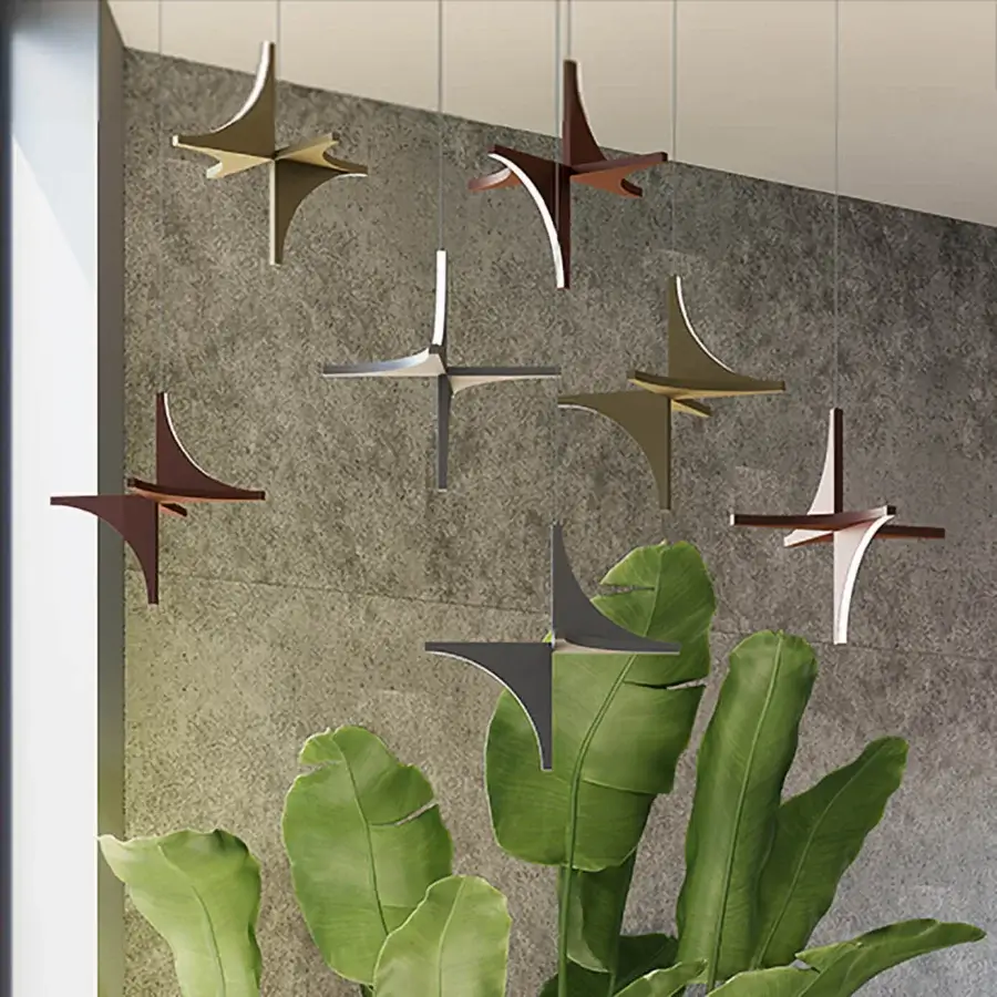 Distinguished Bizzotto Italia Papillon suspension lamp with a star-like geometric form and titanium finish crafted in Italy