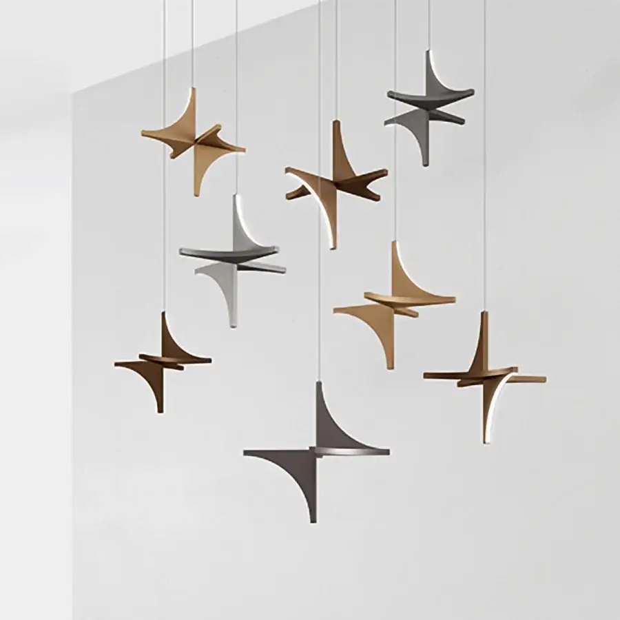 Superior Bizzotto Italia Papillon suspension lamp with intersecting wooden pieces in shades of brown and gray with Ottone finish