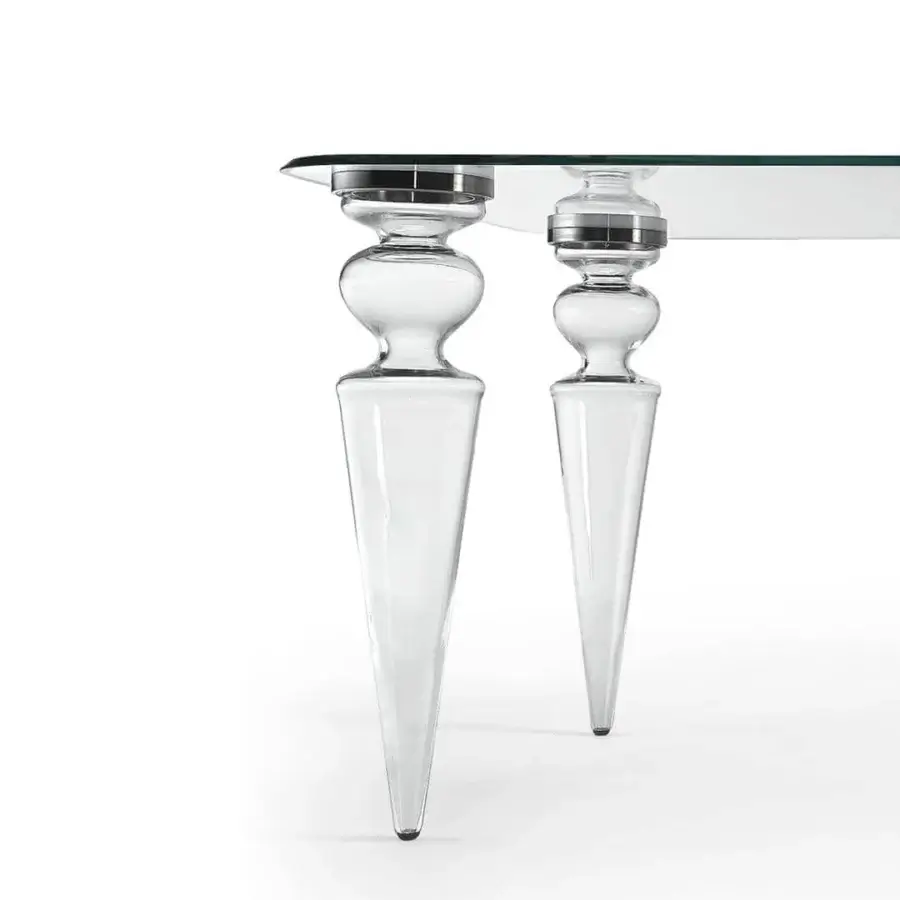 Exceptional Reflex Gran Canal table with rectangular transparent glass top and skillfully crafted Murano glass legs with glossy metallic rings