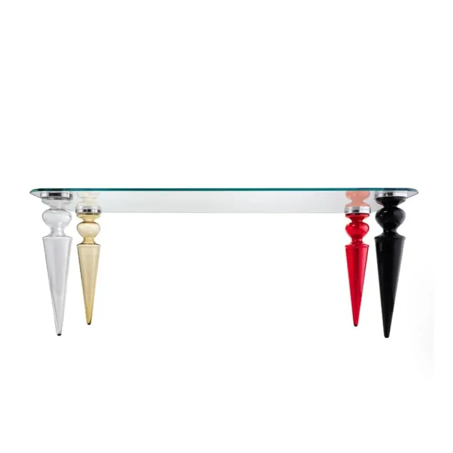 Superior Reflex Gran Canal table with transparent glass top and refined Murano glass legs crafted in white, gold, red and black