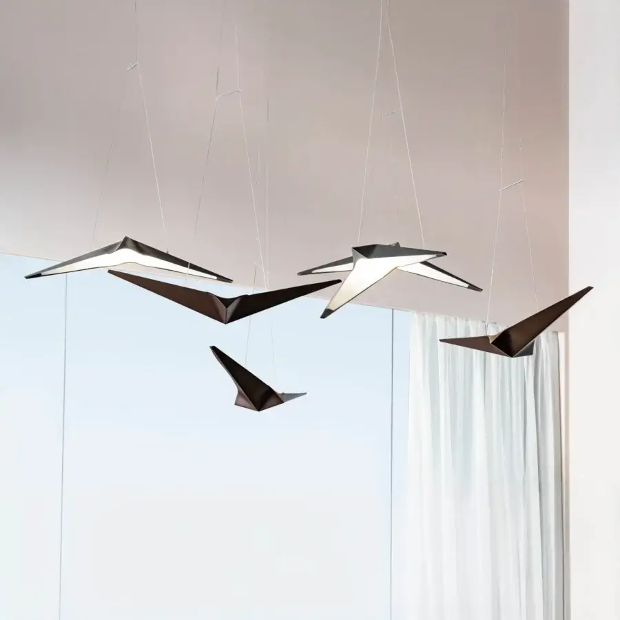 Distinctive Bizzotto Italia Noshi suspension lamp with origami-inspired form crafted in recyclable aluminum with matte finish