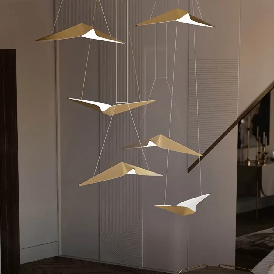 Superior Bizzotto Italia Noshi suspension lamp with geometrically shaped lighting elements crafted in warm golden recyclable aluminum