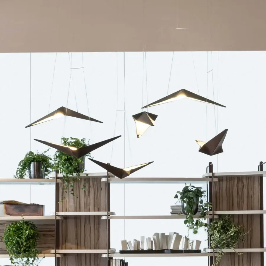 Elegant Bizzotto Italia Noshi suspension lamp with arrowhead silhouette crafted in recyclable aluminum and dark bronze matte finish