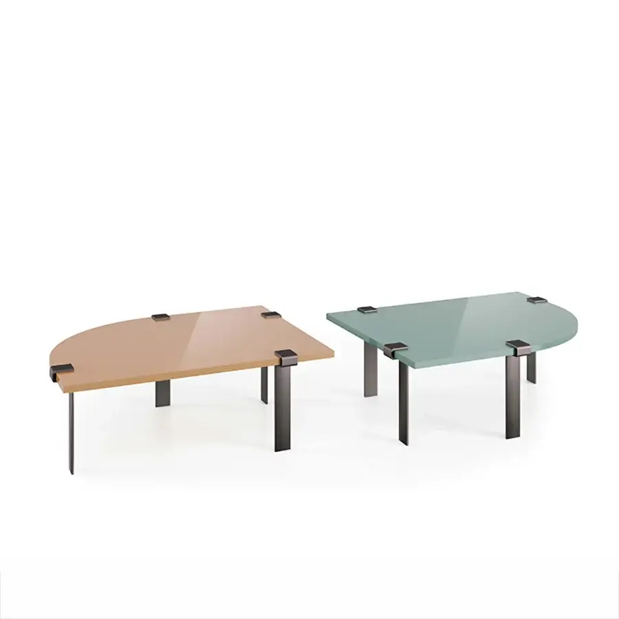 Distinguished Bizzotto Italia Amulet coffee table with overlapping forms in tan and light green tinted glass supported by dark metal legs