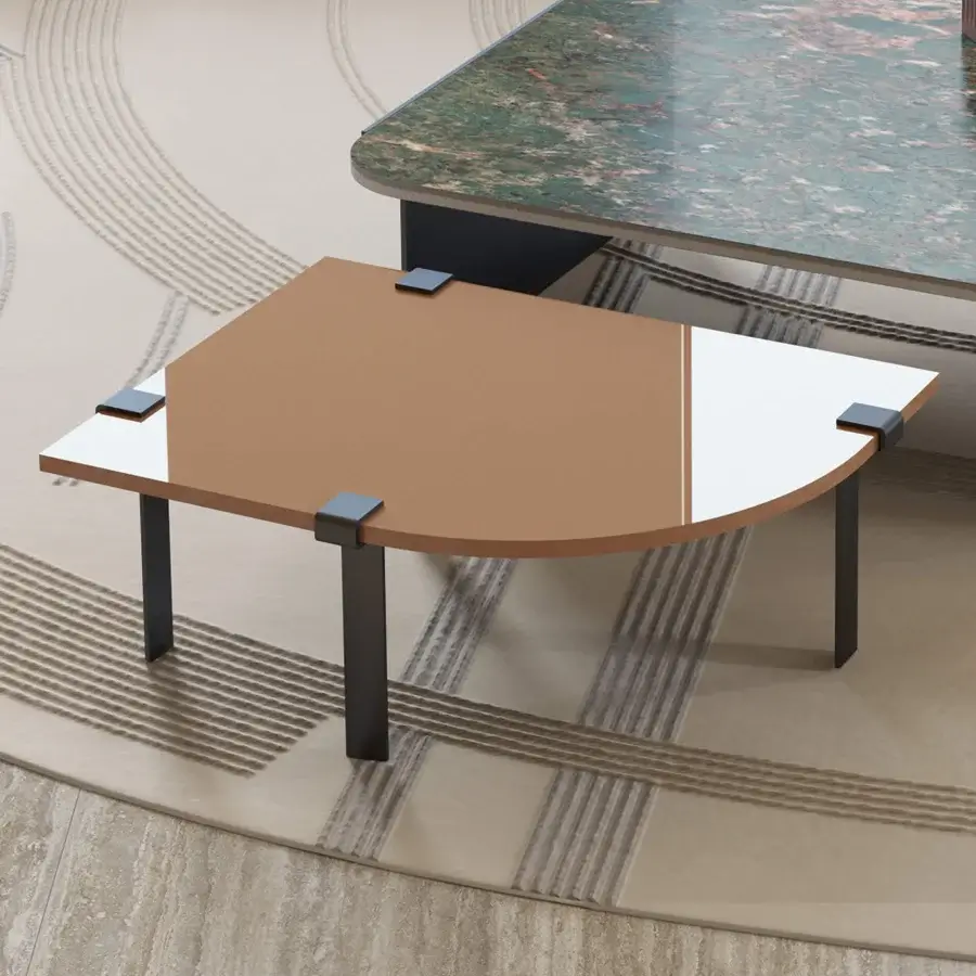 Exceptional Bizzotto Italia Amulet coffee table with overlapping semi-circular forms in glossy white and matte brown metal