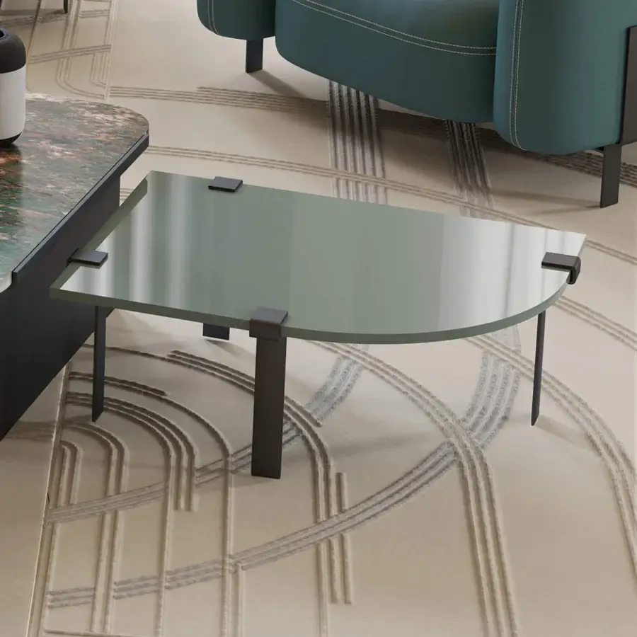 Superior Bizzotto Italia Amulet coffee table with muted green top and dark-toned metal legs exhibiting geometric design