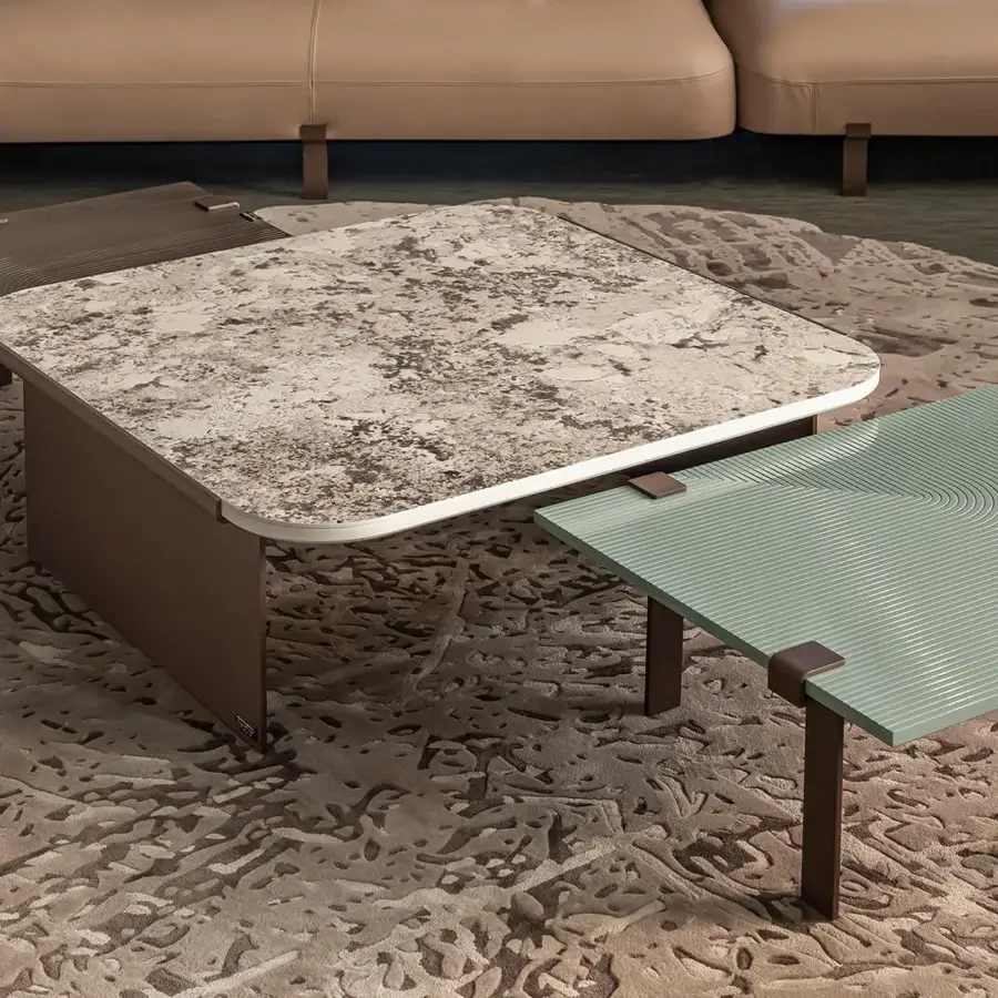 Exceptional Bizzotto Italia Amulet coffee table with overlapping design in brown wood, pale green and a mottled stone-like top with dark metal legs