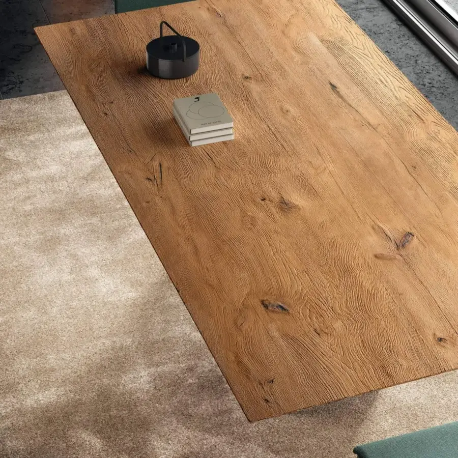 Harmonious Lago Meet table with rectangular Wildwood tabletop and special metallic base crafted in Italy