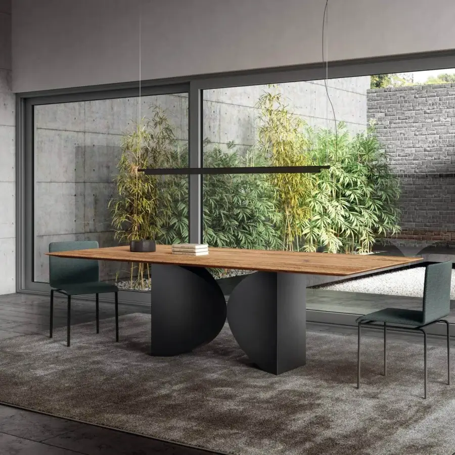 Superior Lago Meet table with warm brown Wildwood tabletop and sculptural metallic base crafted in Italy