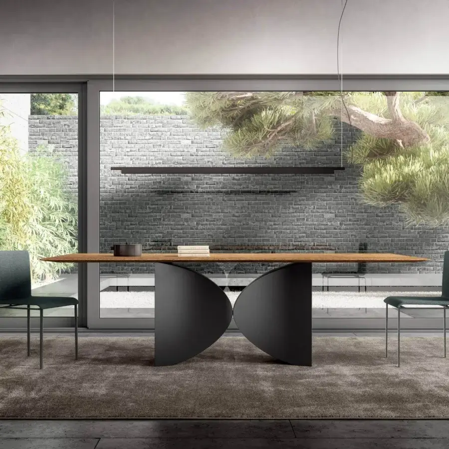 Distinguished Lago Meet table with a Wildwood top exhibiting natural grain and a matte metallic sculptural base