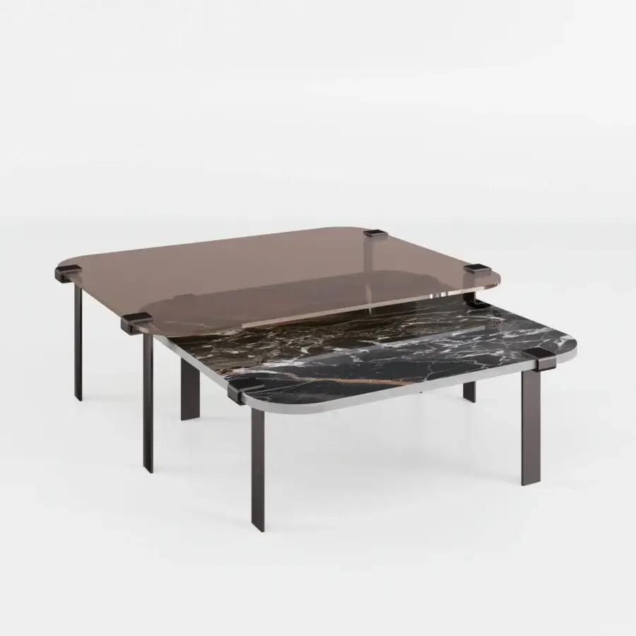 Distinguished Bizzotto Italia Amulet coffee table with overlapping brown glass and marble-like surfaces built with dark and light gray metal