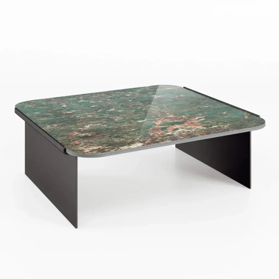 Exceptional Bizzotto Italia Amulet coffee table with a patterned green, brown, and white stone-like top and matte dark finished legs