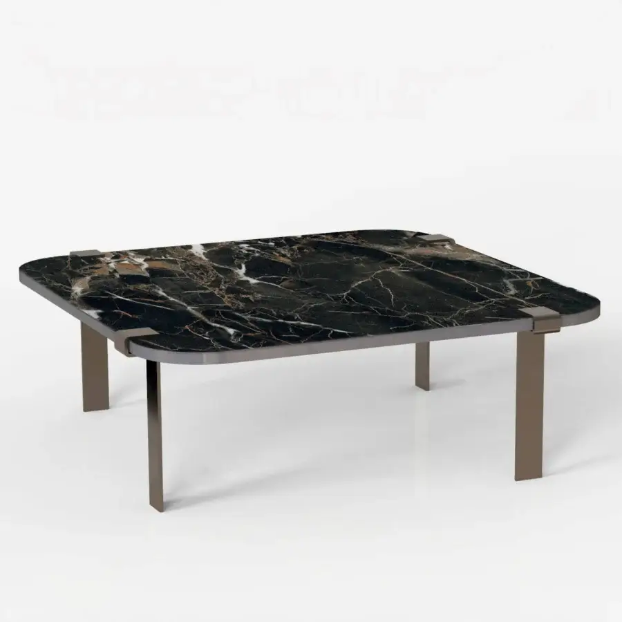 Distinguished Bizzotto Italia Amulet coffee table with dark marble-patterned top and bronze-colored metal legs