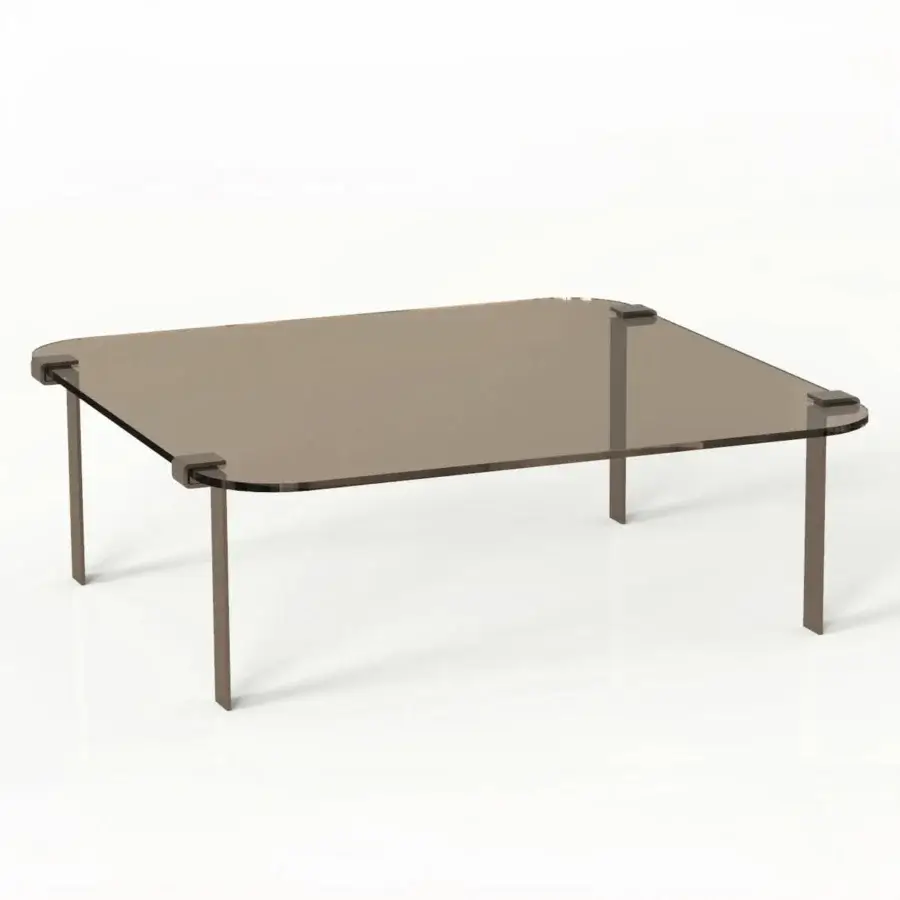 Elegant Bizzotto Italia Amulet coffee table with muted bronze-tinted glass and dark metal ribbon legs