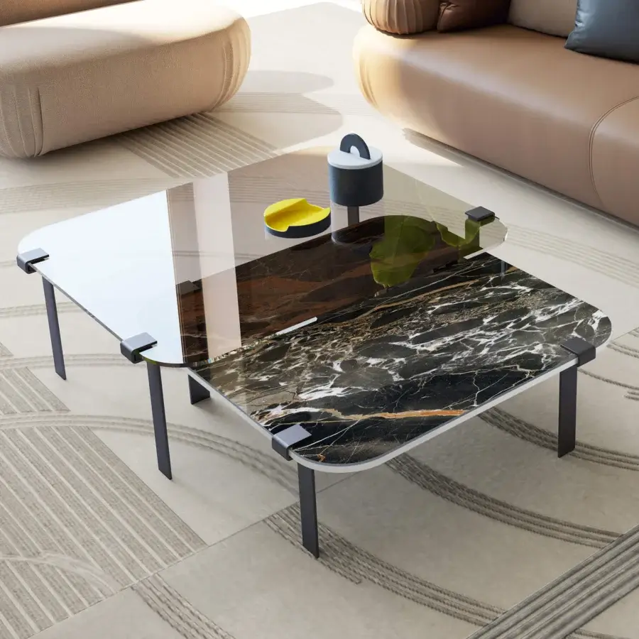 Exceptional Bizzotto Italia Amulet coffee table with transparent glass and dark marble top in a matte dark metal frame