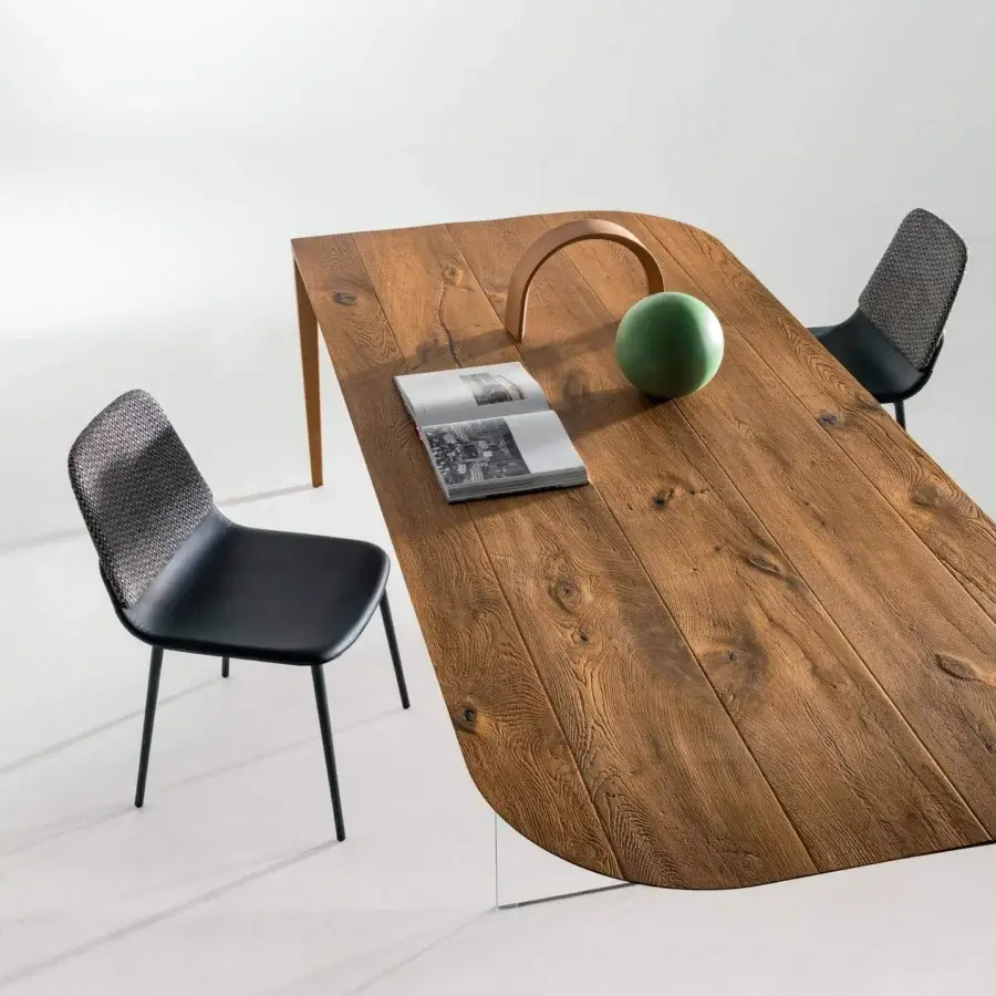 Harmonious Lago P&J table crafted in centenary oak with a Wildwood top and clear glass support
