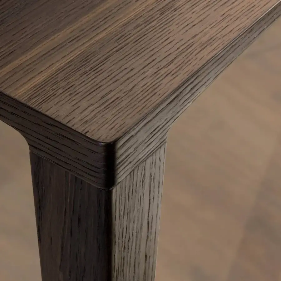 Superior Lago P&J table crafted in centenary oak with a Wildwood top and dark brown finish exhibiting flowing lines